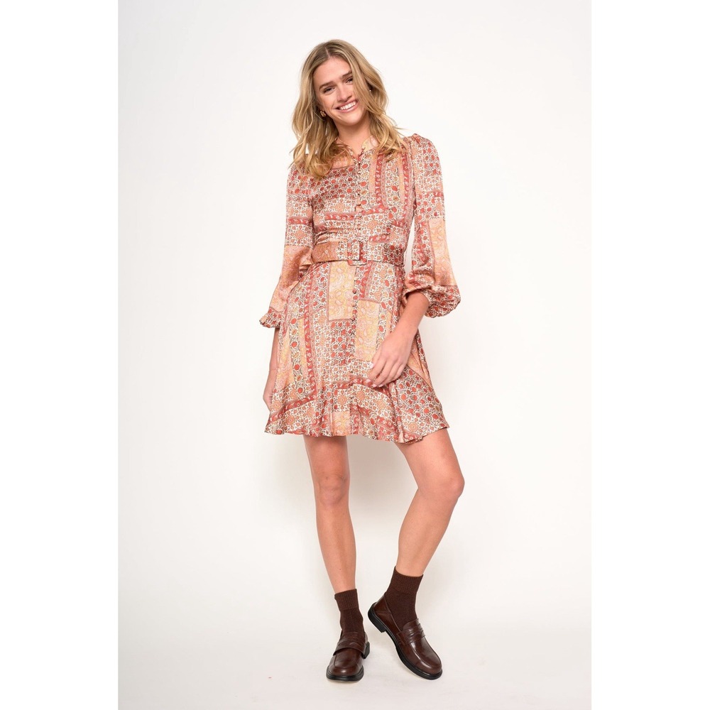 NWT Current Sedona Patchwork Belted Mini Dress in Rust & Peach Size S